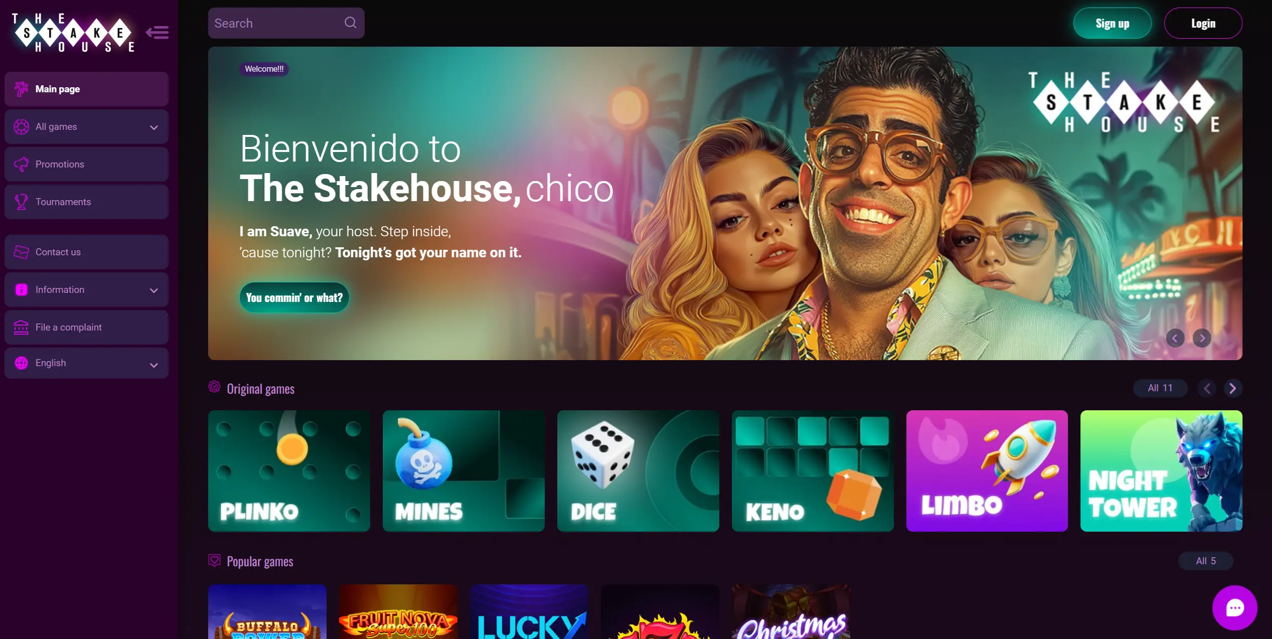 الصفحة الرئيسية لمنصة TheStakeHouse مع قائمة الألعاب الأصلية وخيارات التسجيل وتسجيل الدخول